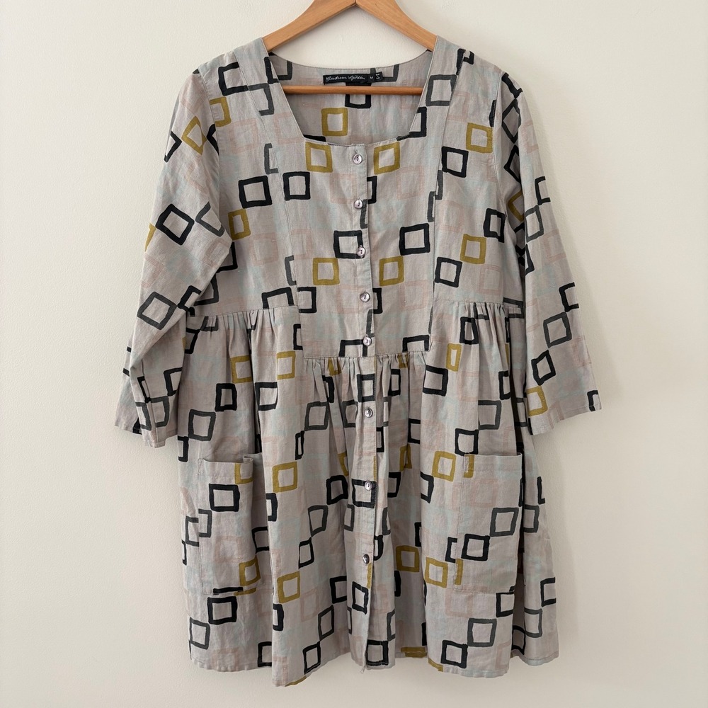 Gudrun Sjödén Tunic Dress M Gray Geometric Cotton Linen Lagenlook Button Front